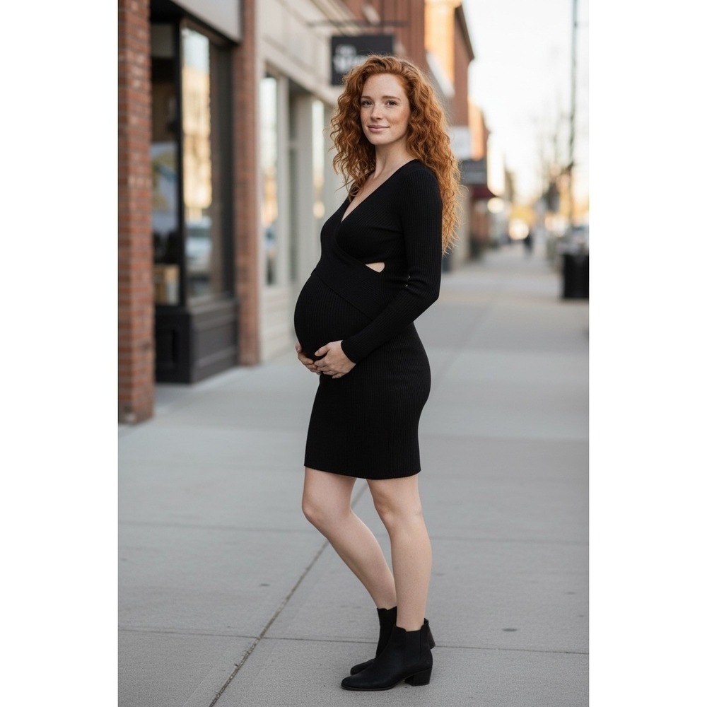 RIPE Maternity Nursing Black Ribbed Wrap V Neck Long Sleeve Midi Dress Large‎